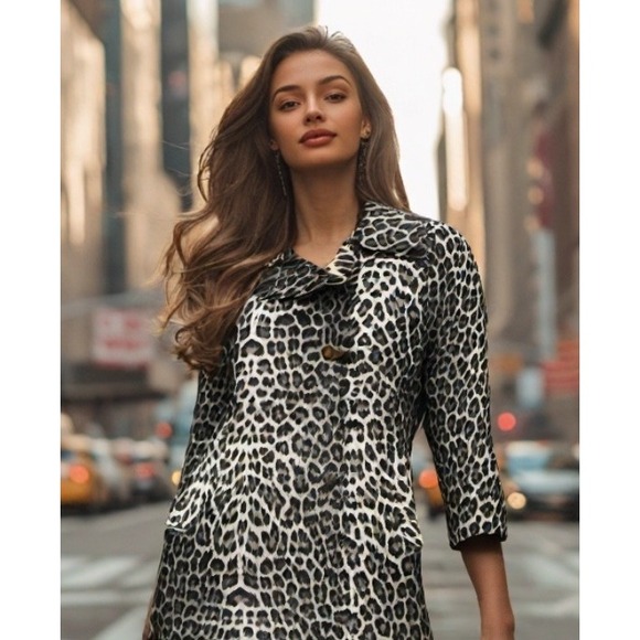 Madeleine Animal Print Trench Swing Coat Made Switzerland Pocket Belt Size Small - Picture 1 of 13